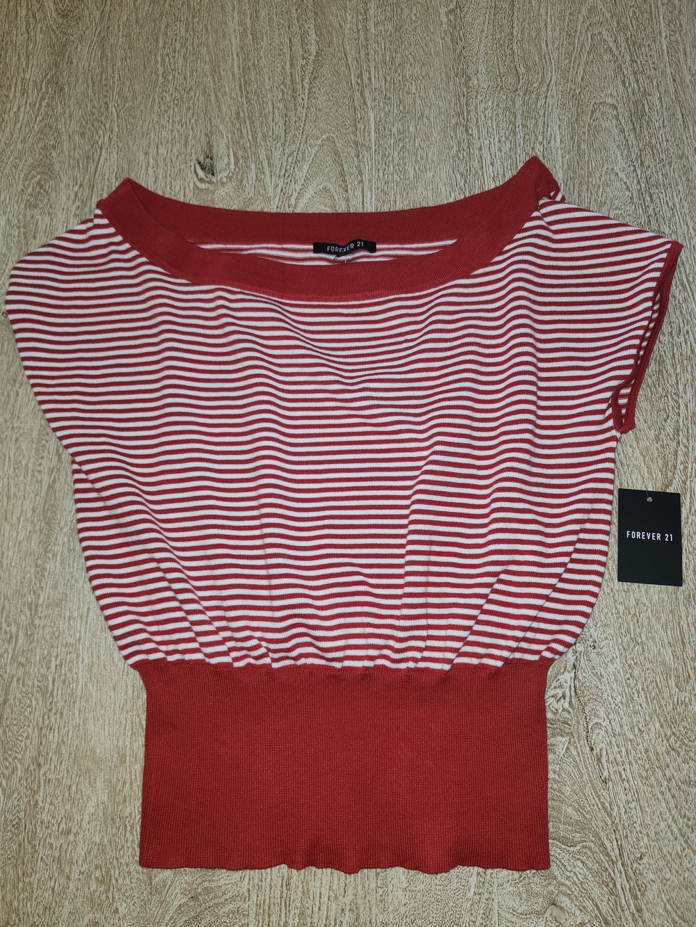 Forever 21 Red and White Striped Cropped Ribbed-Hem Top